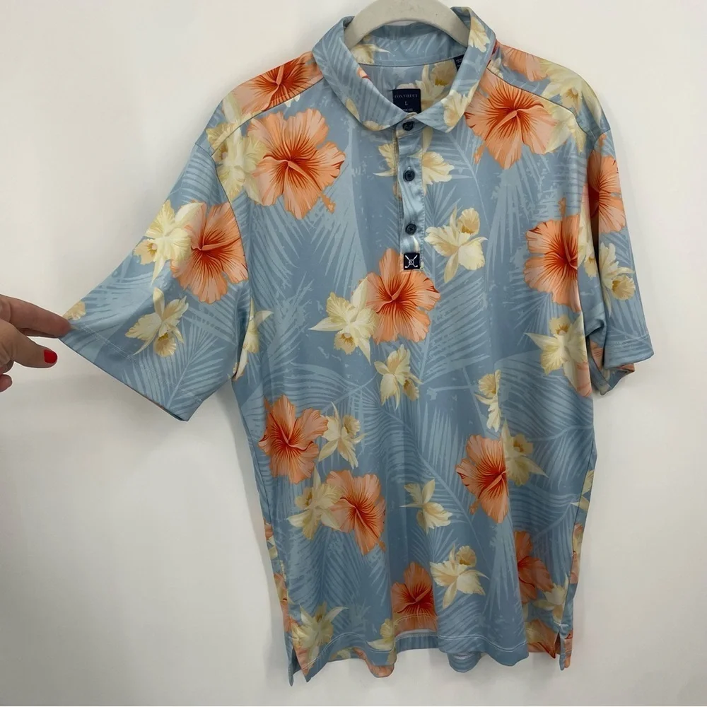Con.struct Men’s Hawaiian Hibiscus Floral Print Performance Polo Sz L‎ Quick Dry
